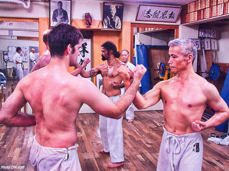 Body conditioning, in this case the repeated striking of one's arms against those of an opponent, is an essential element of karate training.